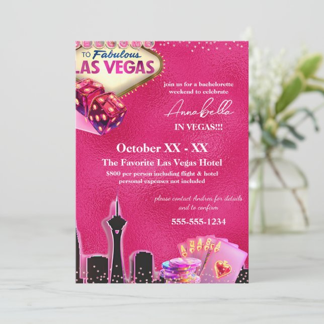 Neon Hot Pink Las Vegas Siluett Inbjudningar (Stående Fram)