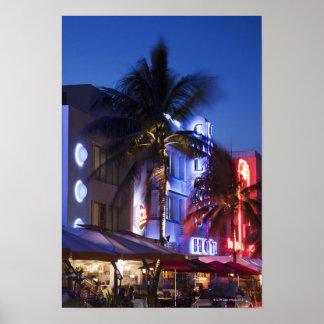 Neon-hotell på natten, Ocean Drive, South Miami Be Poster