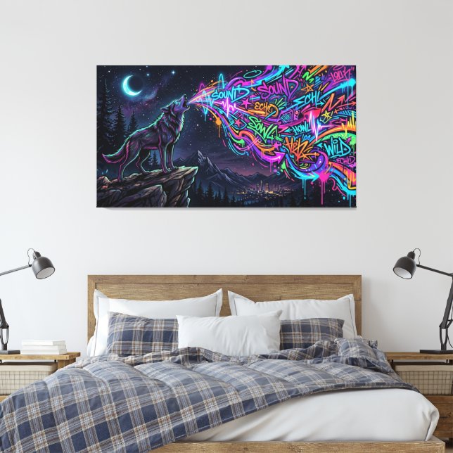 Neon Howl – Urban Wolf Energy Canvas Print (Insitu (sovrum))