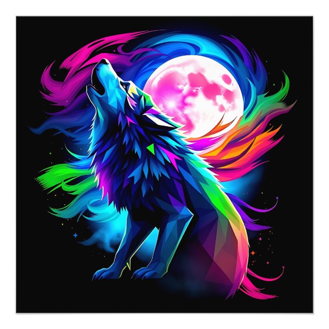 Neon Howling Wolf with Full Moon – Psychedelic Rai Fototryck (Framsidan)