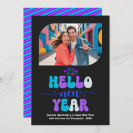 Neon Ice Hello New Year Blue Retro Photo Julkort