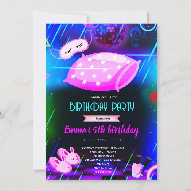 neon inbjudan till pyjamasparty (Framsida)