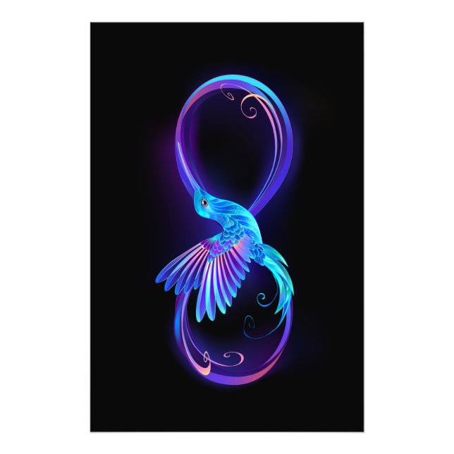 Neon Infinity Symbol with Glowing Hummingbird Fototryck (Framsidan)