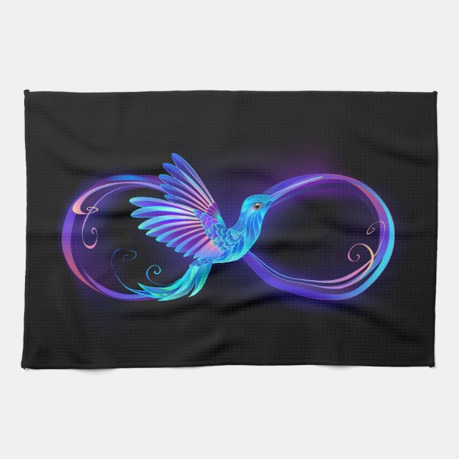 Neon Infinity Symbol with Glowing Hummingbird Kökshandduk (Horisontell)