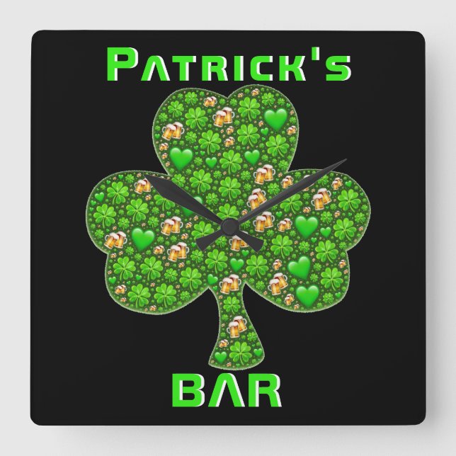 Neon Irish Pub Pub Sign Clock Shamrock Beer Named Fyrkantig Klocka (Framsida)