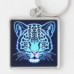 Neon Jaguar Huvudkontur på Mörk Bakgrund Fyrkantig Silverfärgad Nyckelring