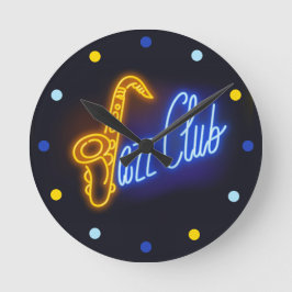 Neon Jazz Klubb Saxophone Sax blue Gult Clock Rund Klocka