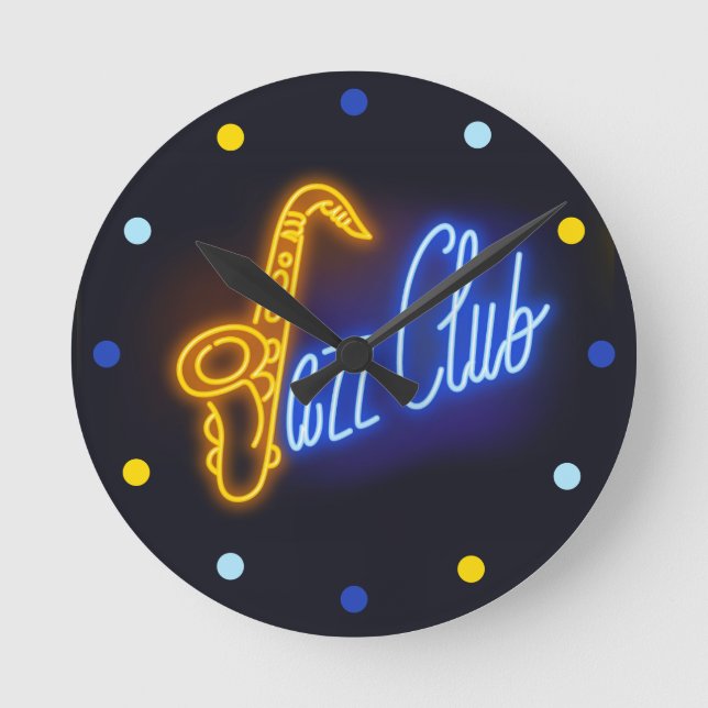Neon Jazz Klubb Saxophone Sax blue Gult Clock Rund Klocka (Framsida)