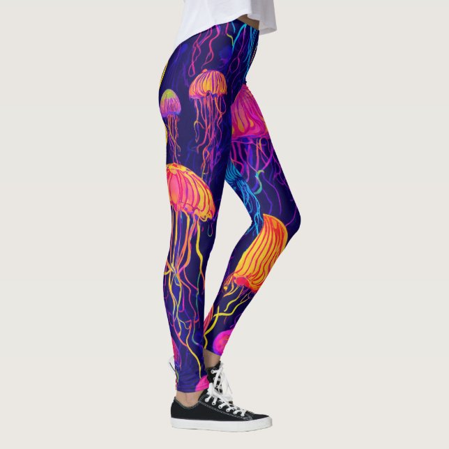 Neon Jellyfish: Futuristiska AI-genererade legerin Leggings (Höger)
