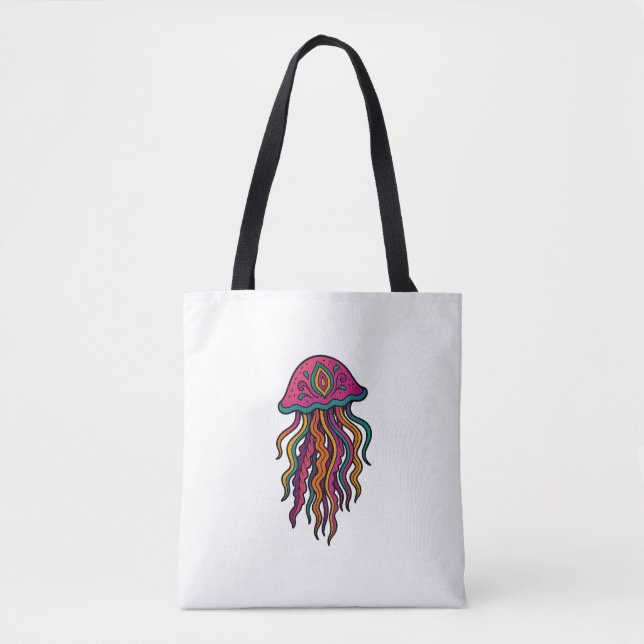 Neon Jellyfish Tote Bag – Trippy Sea Vibes Tygkasse (Framsida)