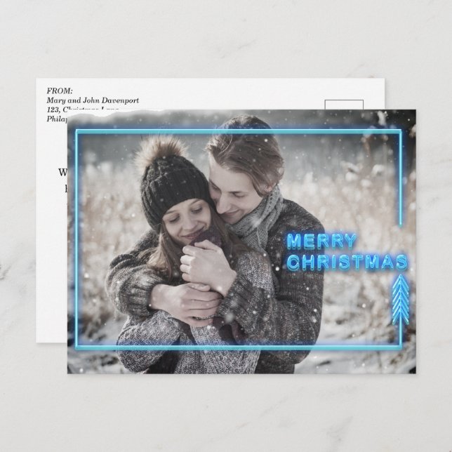 Neon jul Blue Photo Helg Vykort (Fram/baksida)