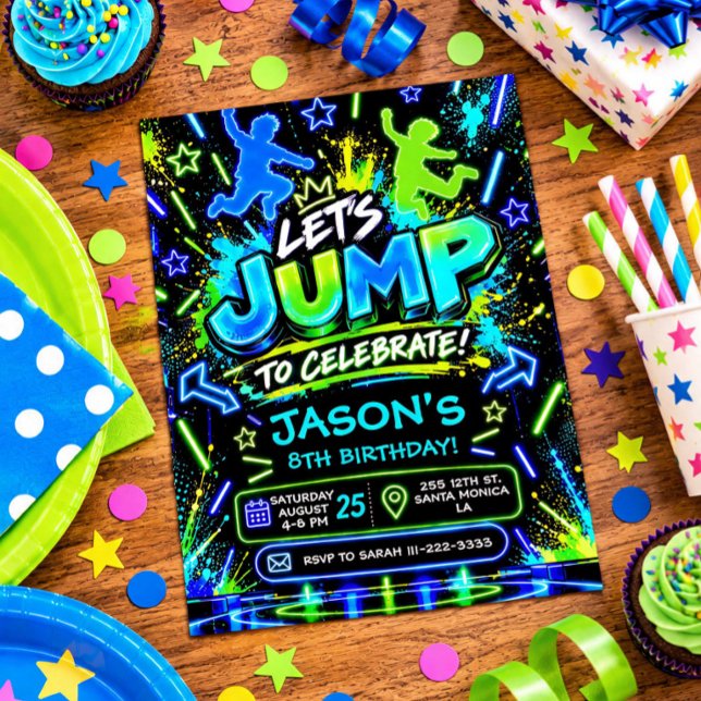 Neon Jump Födelsedagsinbjudan Inbjudningar (Neon Jump Birthday Invitation)