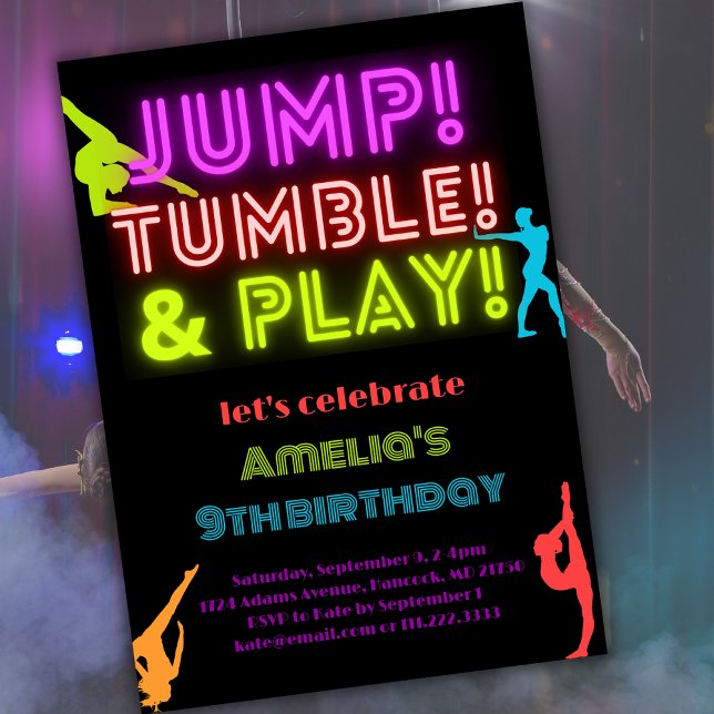 Neon Jump Trumble Spela alla födelsedagsgymnastika Inbjudningar (Skapare uppladdad)