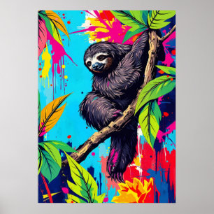 Neon Jungle Sloth - Färg Stänk Animal Art Poster
