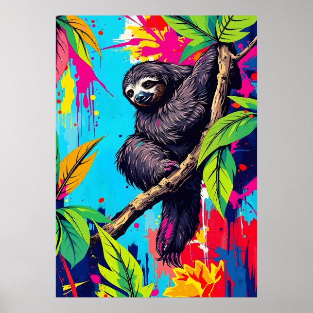 Neon Jungle Sloth - Färg Stänk Animal Art Poster (Framsidan)