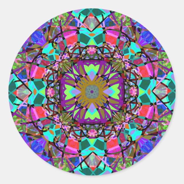 Neon Kaleidoscope Mandala Runt Klistermärke (Framsida)