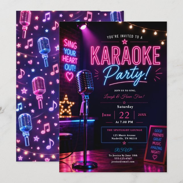 Neon Karaoke Festnatt Inbjudningar (Fram/baksida)