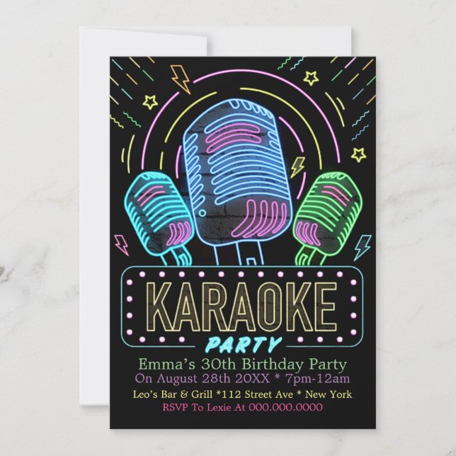 Neon Karaoke Födelsedagsfest Inbjudningar (Framsida)