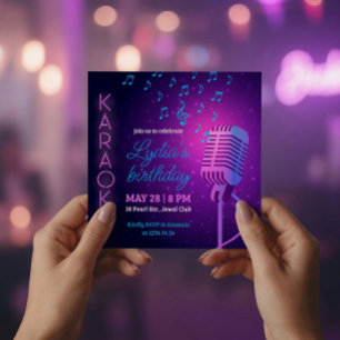 Neon Karaoke Födelsedagsfest Mikrofon Fyrkantig Inbjudningar