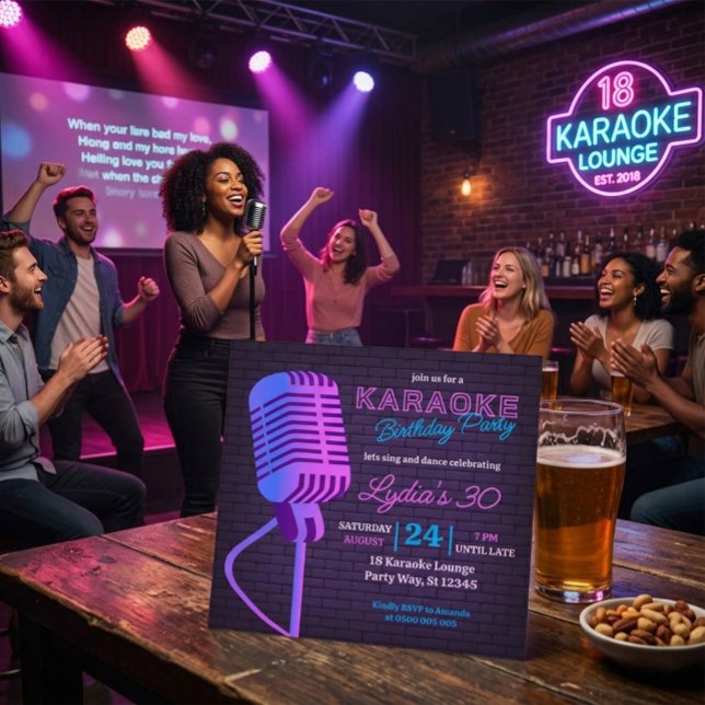 Neon Karaoke Födelsedagsfest Mikrofon Fyrkantig  Inbjudningar (Skapare uppladdad)