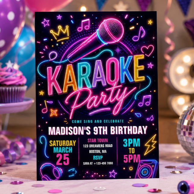Neon Karaoke Party Födelsedag Inbjudningar (Skapare uppladdad)