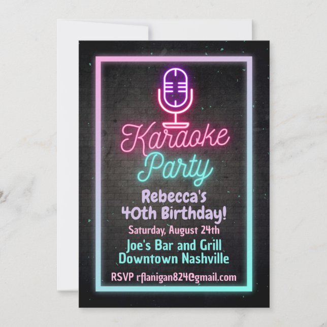 Neon Karaoke Sång Födelsedagsfest Inbjudan  (Framsida)