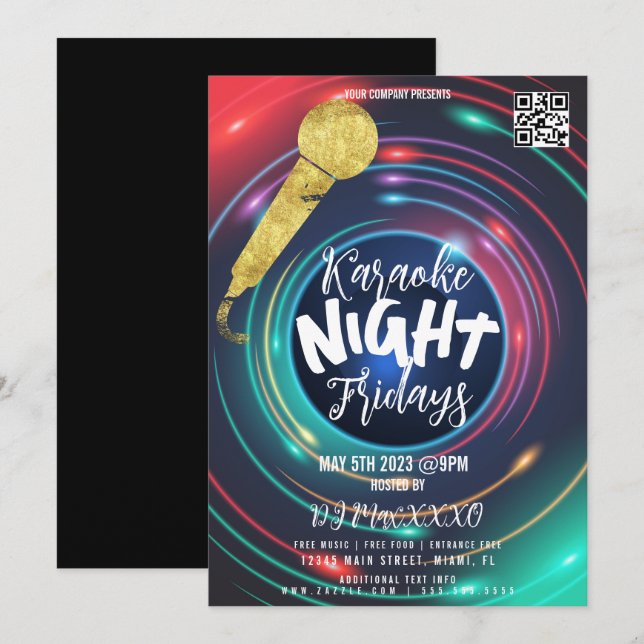 Neon Karoake Natt Evenemang Party Bar Klubb Flyer Inbjudningar (Fram/baksida)