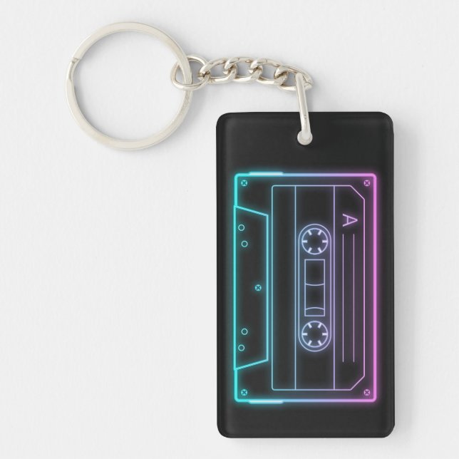 Neon kassettnyckelring, rosa blå retro vaporwave (Framsidan)