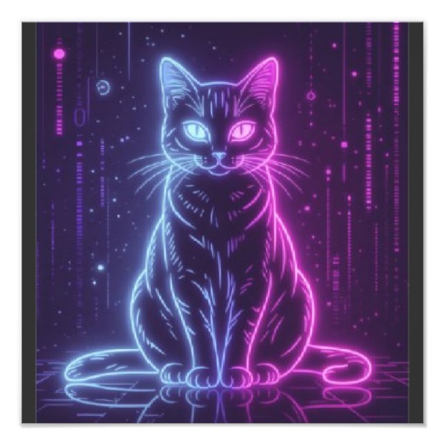 **Neon Katt Design – Lysande Futuristisk Kattkonst Fototryck (Framsidan)