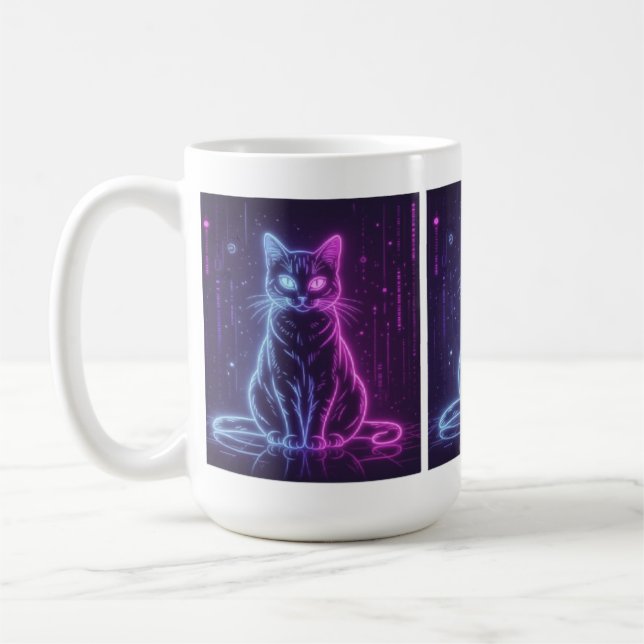 **Neon Katt Design – Lysande Futuristisk Kattkonst Kaffemugg (Vänster)