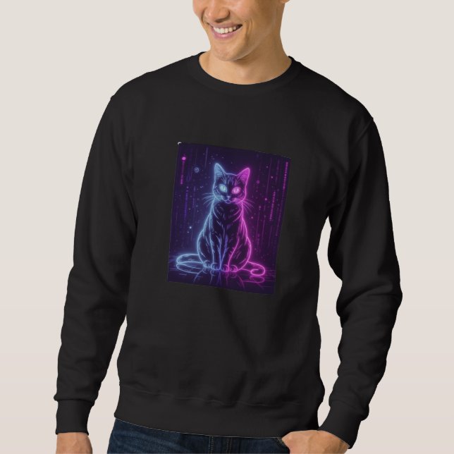 **Neon Katt Design – Lysande Futuristisk Kattkonst Lång Ärmad Tröja (Framsida)
