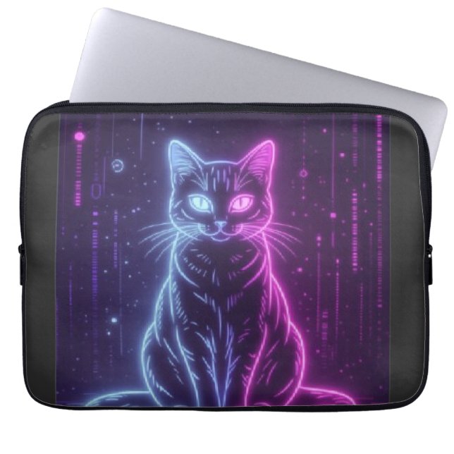 **Neon Katt Design – Lysande Futuristisk Kattkonst Laptop Fodral (Framsidan)