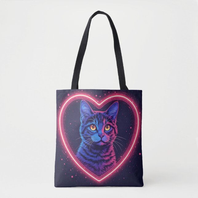Neon Katt Hjärt Design – Söt Lysande Kattunge Kärl Tygkasse (Framsida)