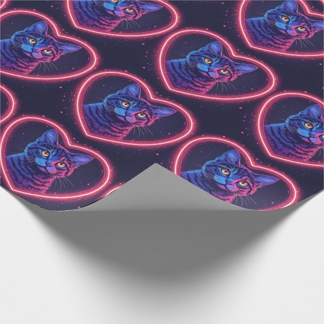 Neon Katt Hjärta Design – Söt Lysande Kattunge Kär Presentpapper (Hörn)