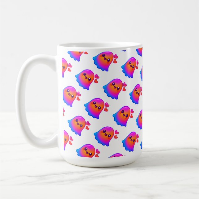 Neon Kawaii Ghost med övertoningsglöd och Kaffemugg (Vänster)
