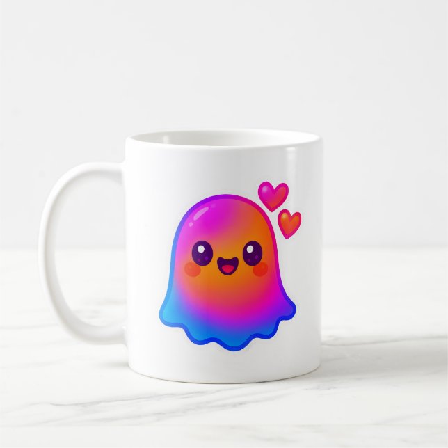 Neon Kawaii Ghost med övertoningsglöd och Kaffemugg (Vänster)