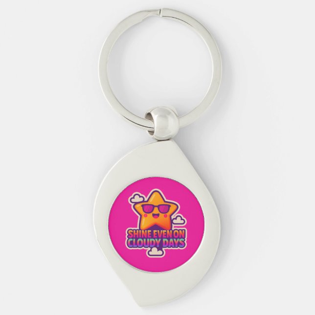 Neon Kawaii Star - "Shine even on Cloudy Days" Swirl Silverfärgad Nyckelring (Framsidan)