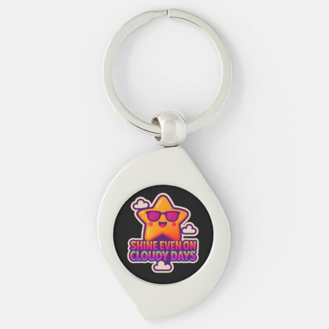Neon Kawaii Star - "Shine even on Cloudy Days" Swirl Silverfärgad Nyckelring (Framsidan)