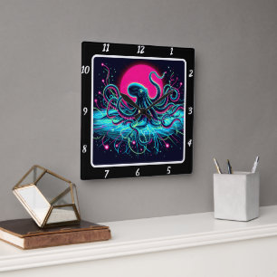 Neon Kraken Octopus Abyss Fyrkantig Klocka