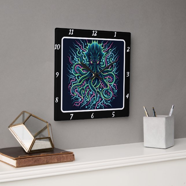 Neon Kraken Octopus Fyrkantig Klocka (Kontor)