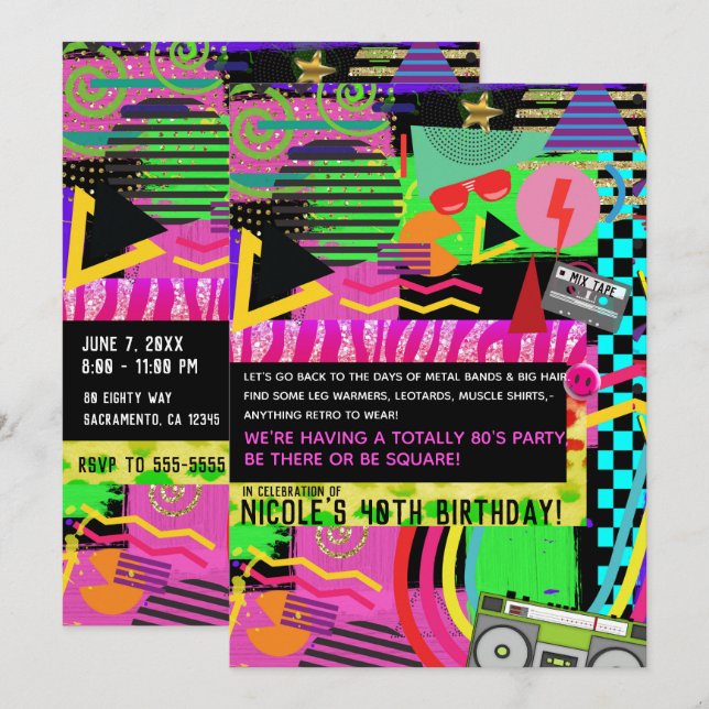Neon kul ljustark färgglad funky 80-tals fest inbjudningar (Fram/baksida)