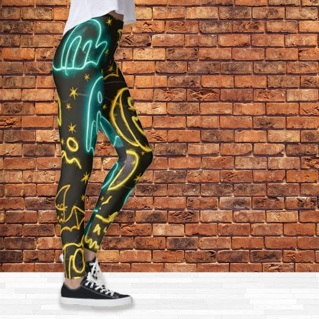 Neon Kuslig Halloween Spökbat Pumpa Mönster Leggings (Skapare uppladdad)