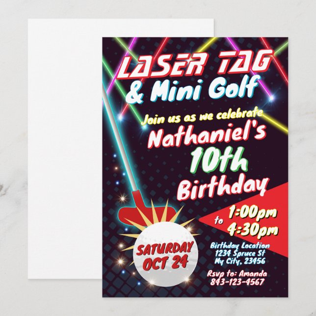 Neon Laser Märkre och Mini Golf Birthday-inbjudan Inbjudningar (Fram/baksida)