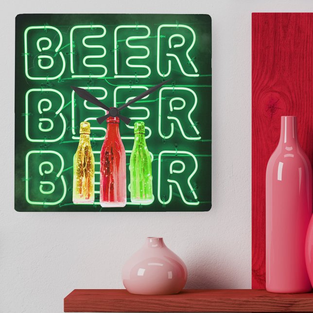 Neon LED Beer Sign Emerald Grönt Fyrkantig Klocka (Beer Clock with mock neon bar sign design.)
