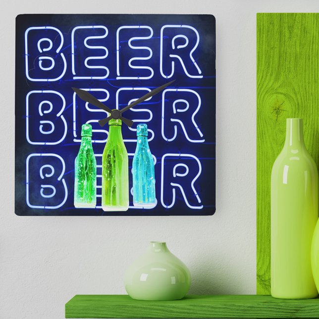 Neon LED Beer Sign-Royal Blue Fyrkantig Klocka (Beer Clock with mock neon bar sign design.)
