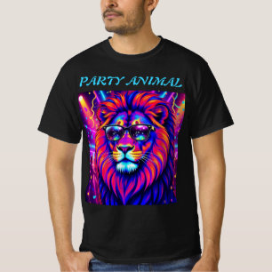 Neon Lejon Party Animal – Färgrik Retro Grafik T Shirt