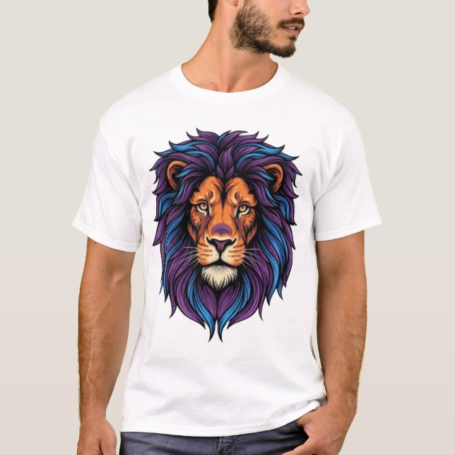 Neon Lejonhuvud Lila Blå Man Fierce T-Shirt (Framsida)