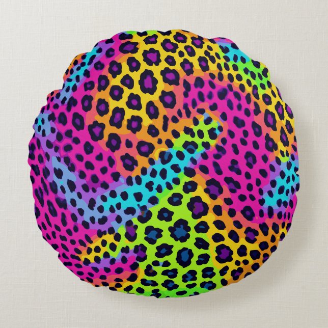 Neon Leopard Print Rund Kudde (Framsidan)