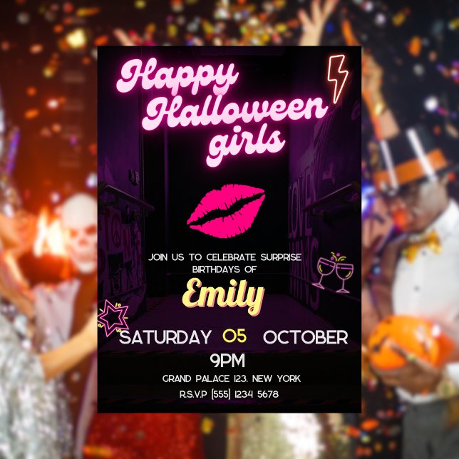 Neon Light Birthday Halloween BFF Inbjudningar (Neon Light Birthday Halloween Barbie BFF Invitation 1)