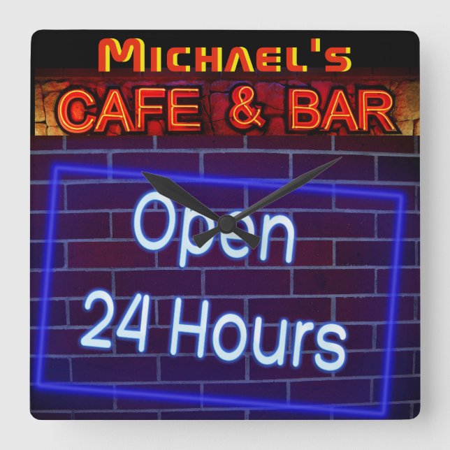 Neon Light PUB CAFE OPen ALLA timmar Personlig 2 Fyrkantig Klocka (Framsida)